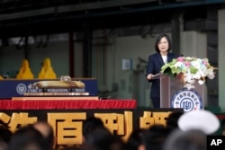 Taiwan's President Tsai Ing-wen speaks during the launching ceremony for domestically made submarines at CSBC Corp.'s shipyards in Kaohsiung, Taiwan, Sept. 28, 2023.