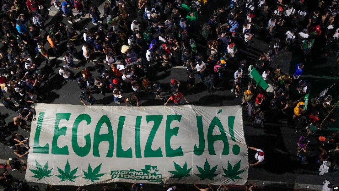 Manifestantes sostienen una manta que dice en portugués, "Legalícenla ya", en una marcha para exigir la legalización de la marihuana, en Sao Paulo, el domingo 16 de junio de 2024. 
