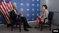 Vipin Narang, U.S. acting assistant secretary of defense for Space Policy, being interviewed by Eunjung Cho, VOA's Korean Service on July 16, 2024.