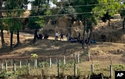 FILE - Members of Myanmar Border Guard Police, in civilian clothing, sit under the shade of trees after abandoning their posts following fighting between Myanmar security forces and Arakan Army as Bangladesh border guards stand guard in Bangladesh, Feb. 5, 2024.