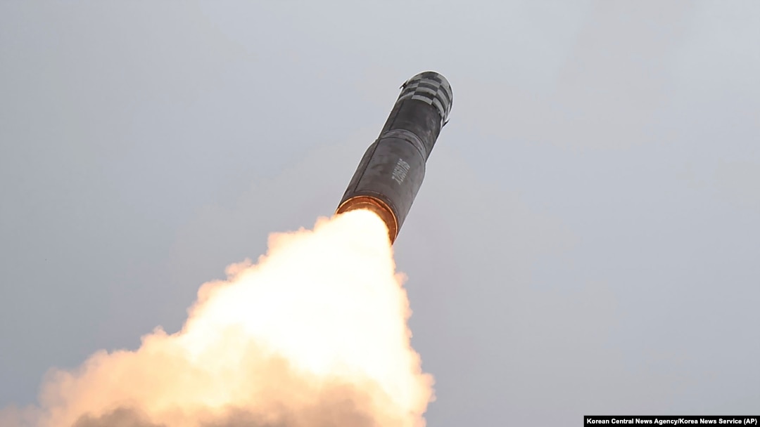 This photo provided on July 13, 2023, by the North Korean government shows what it says is the test-firing of a Hwasong-18 ICBM, in North Korea, July 12, 2023. Independent journalists were not given access to cover the event. (Korean Central News Agency/Korea News Service via AP)
