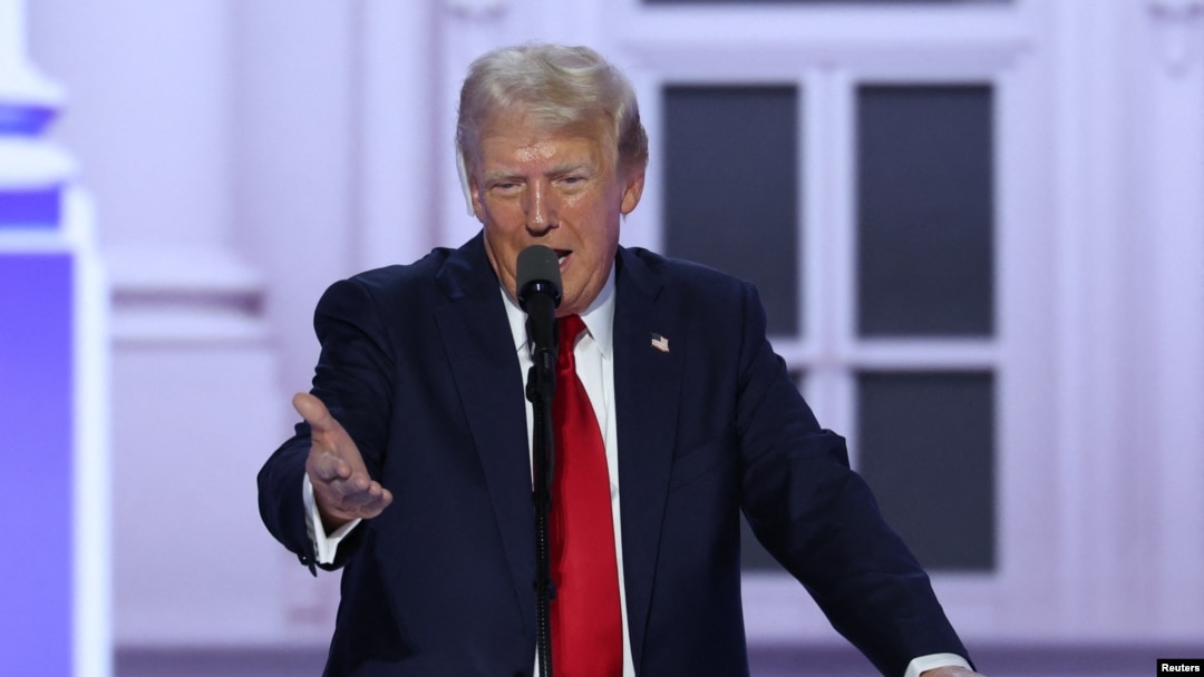 Дональд Трамп выступает с речью в заключительный вечер общенационального съезда Республиканской партии, Милуоки, 18 июля 2024 года