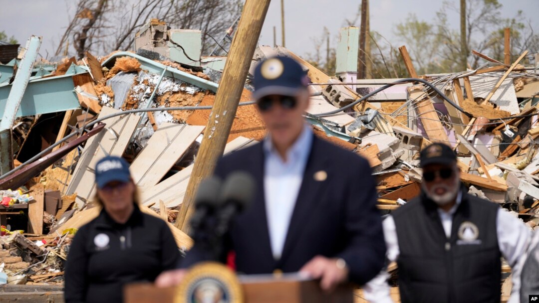 President Joe Biden speaks after surveying the damage in Rolling Fork, Mississippi, March 31, 2023, after a deadly tornado and severe storm moved through the area.