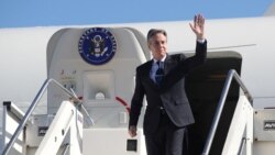 美國國務卿布林肯抵達阿爾巴尼亞的地拉那國際機場。(2024年2月15日）