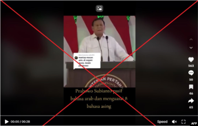 Video 'Deepfake' yang memuat gambar manipulasi dengan AI capres Prabowo Subianto yang fasih berbahasa Arab ini sempat viral di TikTok. (AFP)