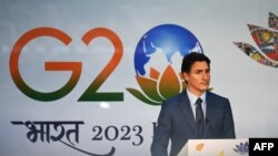 Perdana Menteri Kanada Justin Trudeau menghadiri konferensi pers usai sesi penutupan KTT G20 di New Delhi, 10 September 2023. (Foto: Money SHARMA / AFP)