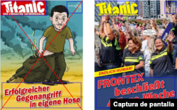 Comparación portada falsa (izquierda), con la portada verdadera de Titanic de junio de 2023 (derecha).