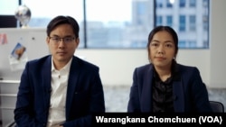 Thai human rights activists Yingcheep Atchanont (left), executive director of iLaw, and Sirikan Charoensiri (right), a Thai attorney, urged U.S. officials to monitor Thailand's upcoming elections. 