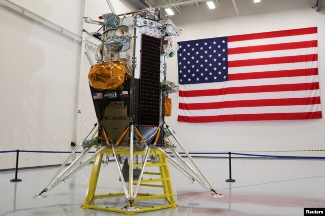 FILE - The Nova-C lunar lander designed by aerospace company Intuitive Machines is displayed at the company's headquarters in Houston, Texas, U.S., October 3, 2023. (REUTERS/Evan Garcia)