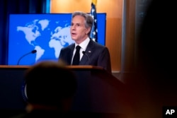 Secretary of State Antony Blinken speaks about talks between Russian President Vladimir Putin and Chinese President Xi Jinping in Moscow during a briefing on the 2022 Country Reports on Human Rights Practices at the State Department in Washington, March 20, 2023.