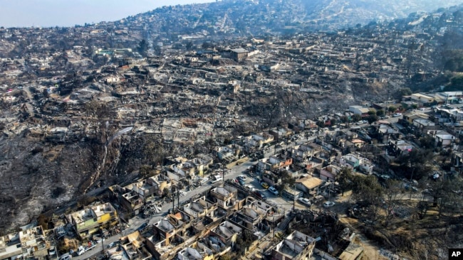A view of neighborhoods burned during forest fires in Vina del Mar, Chile, Feb. 5, 2024.