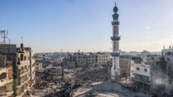 A general view shows destroyed building and the rubble of the al-Faruq mosque on Feb. 22, 2024, following an overnight Israeli air strike in Rafah refugee camp in the southern Gaza Strip.