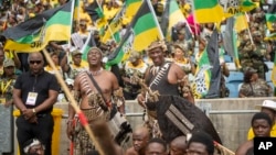 Zulu warriors and African National Congress supporters gather at the Mose Mabhida stadium in Durban, South Africa, Feb. 24, 2024, for their national manifesto launch in anticipation of the 2024 general elections.
