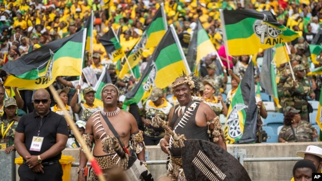 Zulu warriors and African National Congress supporters gather at the Mose Mabhida stadium in Durban, South Africa, Feb. 24, 2024, for their national manifesto launch in anticipation of the 2024 general elections.