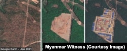 Images sourced from Google Earth from 2021, 2022 and 2023 show the development of a new prison Mawlamyine, Mon State, in this image provided by Myanmar Witness.