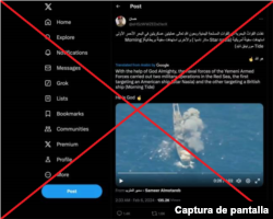 Captura de pantalla de una publicación X del 6 de febrero de 2024, que vincula falsamente imágenes del hundimiento del ex USS Racine en 2018 por parte de Estados Unidos y sus aliados con los recientes ataques hutíes en el Mar Rojo.