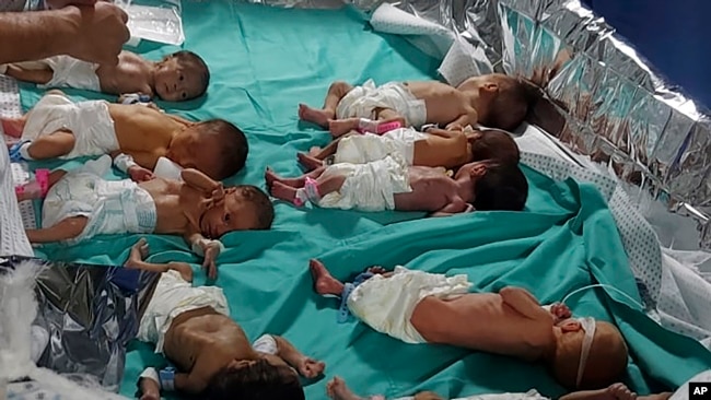Gaza Hospitals - This photo released by Dr. Marawan Abu Saada shows prematurely born Palestinian babies in Shifa Hospital in Gaza City, Nov. 12, 2023. (Dr. Marawan Abu Saada via AP)