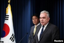 U.S. National Security Council Coordinator for Indo-Pacific Affairs Kurt Campbell speaks as Principal Deputy National Security Adviser Kim Tae-hyo looks on during a press conference at the Presidential Office in Seoul, July 18, 2023.
