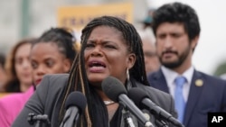 FILE - U.S. Representative Cori Bush, who has called for a cease-fire in Israel and Gaza, speaks in Washington, Oct. 20, 2023. The Democrat has called Israel’s response a "war crime," angering some in her district.