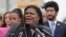 FILE - U.S. Representative Cori Bush, who has called for a cease-fire in Israel and Gaza, speaks in Washington, Oct. 20, 2023. The Democrat has called Israel’s response a "war crime," angering some in her district.