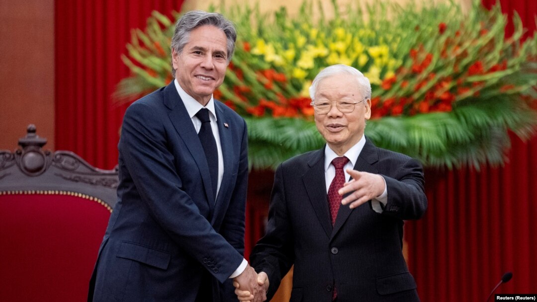 Ông Blinken gặp ông Nguyễn Phú Trọng tại Hà Nội, 15 tháng Tư, 2023.