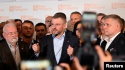 Slovakia presidential candidate Peter Pellegrini speaks at his headquarters on the day the results of the country's presidential election are announced, in Bratislava, Slovakia, April 7, 2024. Pellegrini won the race to become Slovakia's sixth president.