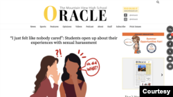 A screen grab taken Feb. 23, 2024, of Mountain View High School's Oracle student newspaper website shows an article about sexual harassment. Two students and an adviser sued the school, in Mountain View, California, alleging censorship and retaliation.