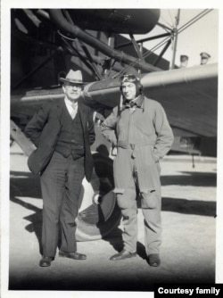 An aging John A. Keirn poses with son Donald John, Hamilton Army Airfield, Novato, California, ca. 1935-36.