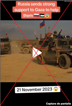 Captura de pantalla de la publicación de la cuenta de TikTok Myus.hamed0, utilizando imágenes de Siria para afirmar falsamente que Rusia ha enviado tropas a la Franja de Gaza, el 21 de noviembre de 2023.