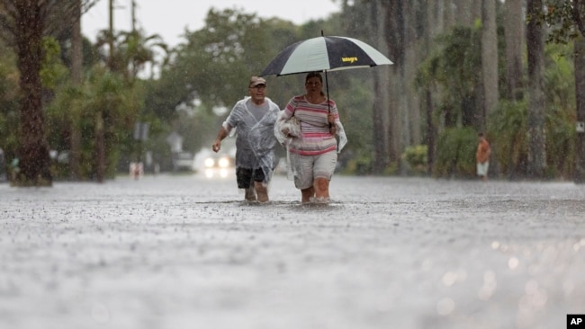 Jim Comunale y Pam Mervos caminan por Arthur Street mientras las fuertes lluvias inundan el vecindario circundante el miércoles 12 de junio de 2024 en Hollywood, Florida.