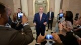 U.S. House Speaker Kevin McCarthy speaks with reporters as the deadline to avert a partial government shutdown approaches on Capitol Hill in Washington, Sept. 28, 2023.