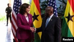 U.S. Vice President Kamala Harris meets with Ghana's President Nana Akufo-Addo during her week-long trip to Ghana, Tanzania and Zambia, in Accra, Ghana March 27, 2023.