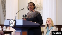 Edith Murogo, a Kenyan anti-trafficking campaigner, delivers remarks during the release of the 2024 Trafficking in Persons (TIP) Report at the State Department in Washington, June 24, 2024.
