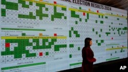 A television crew prepares in front of of a screen showing the results of country's parliamentary elections at Pakistan Election Commission headquarters, in Islamabad, Feb. 9, 2024.