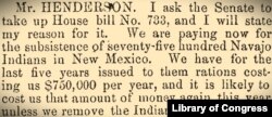 Congressional Globe record of a February 7, 1868, debate in which Senator John B. Henderson argued for returning the Navajo to their homelands.