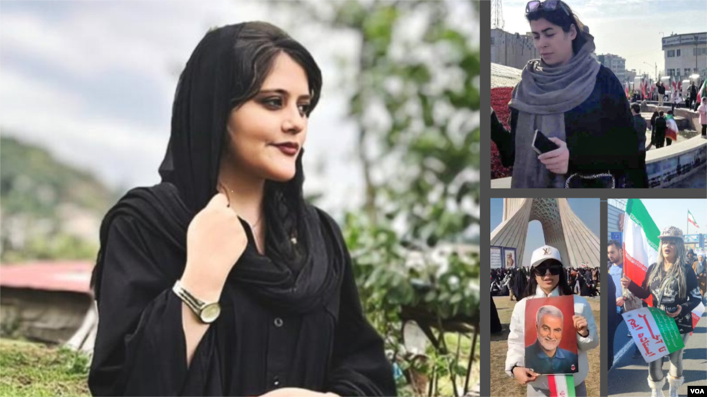 تناقض رفتاری جمهوری اسلامی بر سر حجاب؛ تصویری از مهسا امینی و سه زن بی‌حجاب در مراسم حکومتی ۲۲ بهمن