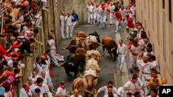 Banteng petarung La Palmosilla berlari di antara orang-orang yang bersuka ria dalam putaran pertama lari dikejar banteng pada pesta San Fermin di Pamplona, Spanyol, Jumat, 7 Juli 2023. (AP/Alvaro Barrientos)