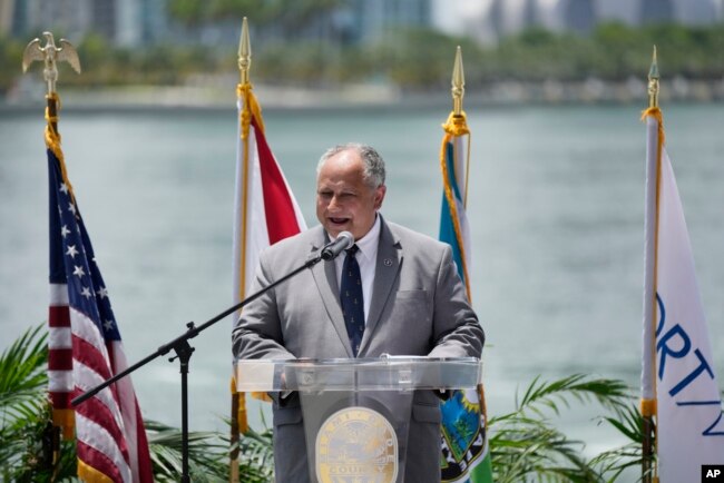 FILE - U.S. Secretary of the Navy Carlos Del Toro speaks during an event in Miami, Florida, July 14, 2023.