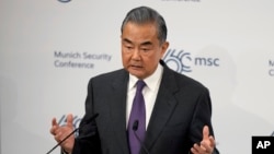 Chinese Foreign Minister Wang Yi speaks at the Munich Security Conference, in Munich, Germany, Feb. 17, 2024.