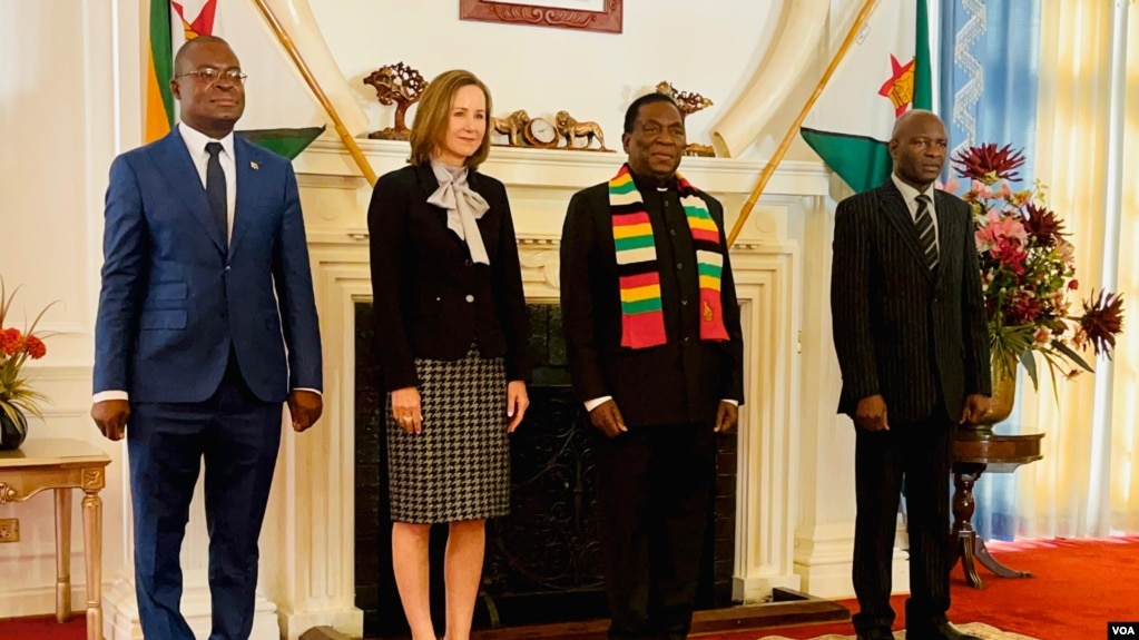 New United States ambassador to Zimbabwe Pamela Marie Tremont with President Emmerson Mnangagwa