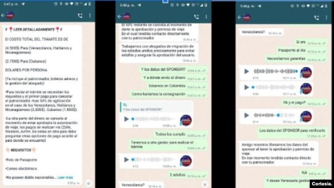 Captura de pantalla de una conversación con un supuesto contacto de abogados de inmigración de EE.UU. para procesos de visas, residencias y ciudadanía estadounidense vía WhatsApp.