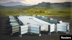 FILE - A view of a computer-rendered image of Climeworks' Mammoth direct air capture plant, is seen in this undated handout picture obtained by Reuters June 28, 2022. (Climeworks/Handout via REUTERS )