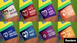 A combination mock-up picture shows the armbands that FIFA says team captains will be permitted to wear during the 2023 FIFA Women's World Cup, in this undated handout image released June 30, 2023. (FIFA/Handout via Reuters)