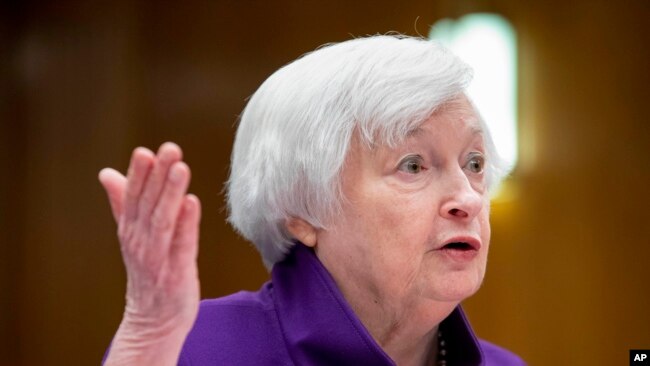 FILE - U.S. Treasury Secretary Janet Yellen speaks at the Capitol in Washington on March 22, 2023. Yellen sought to calm fears of further bank deposit runs Thursday, telling lawmakers she was prepared to safeguard uninsured bank deposits if failures threatened more deposit runs.