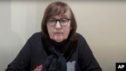 In this grab taken from video provided by the Navalny Team, Feb. 22, 2024, Russian Opposition Leader Alexei Navalny's mother, Lyudmila Navalnaya, speaks during a video statement from the Arctic city of Salekhard, 1,937 km northeast of Moscow, Russia