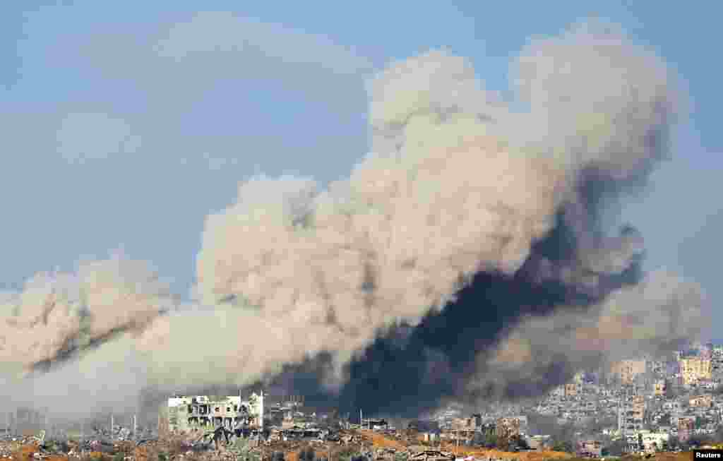 Smoke rises from Gaza following an explosion, amid the ongoing conflict between Israel and the Palestinian group Hamas, as seen from southern Israel.