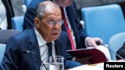 Menteri Luar Negeri Rusia Sergey Lavrov berbicara sebagai Ketua dalam pertemuan DK PBB di New York (16/7). 