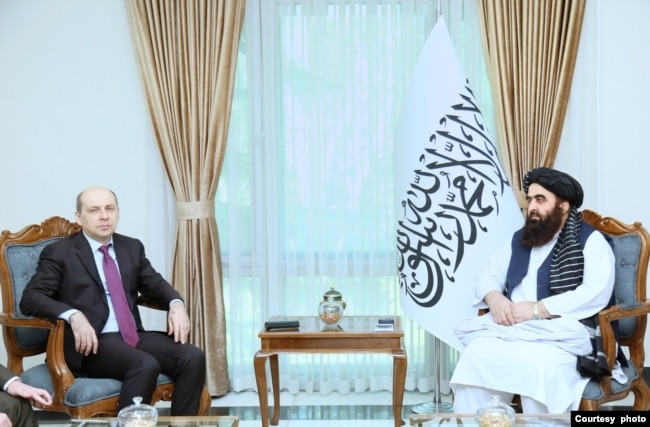 Taliban Foreign Minister Amir Khan Muttaqi, right, and Russian Ambassador Dmitry Zhirnov meet in Kabul on Feb. 14, 2024, to discuss the Qatar meeting to be held Sunday. (Courtesy Taliban Foreign Ministry)