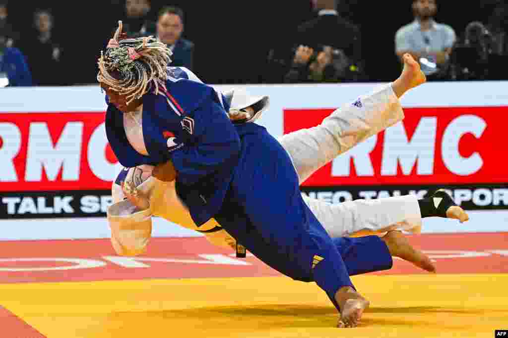 France&#39;s Romane Dicko (blue) and Israel&#39;s Raz Hershko (white) compete in the women&#39;s +78 kg final during the European Judo Championships 2023 at the Sud de France Arena in Montpellier, southern France.