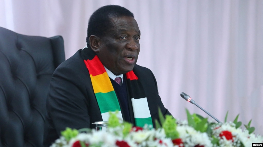 Zimbabwean President Emmerson Mnangagwa attends a joint press conference with Iran's President Ebrahim Raisi (not pictured) at the State House in Harare, Zimbabwe, July 13, 2023. (West Asia News Agency Handout via Reuters)